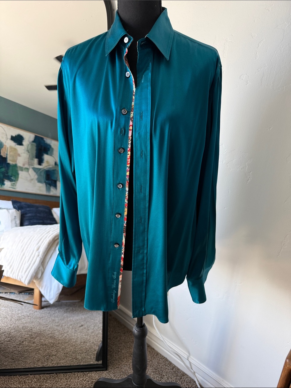 Robert Graham Teal Silk Button Front Blouse